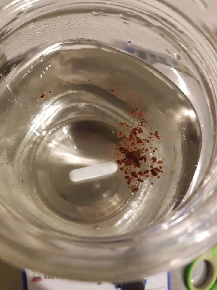 Reddish mushroom spores suspended in sterile water in a glass jar with a magnetic stir bar